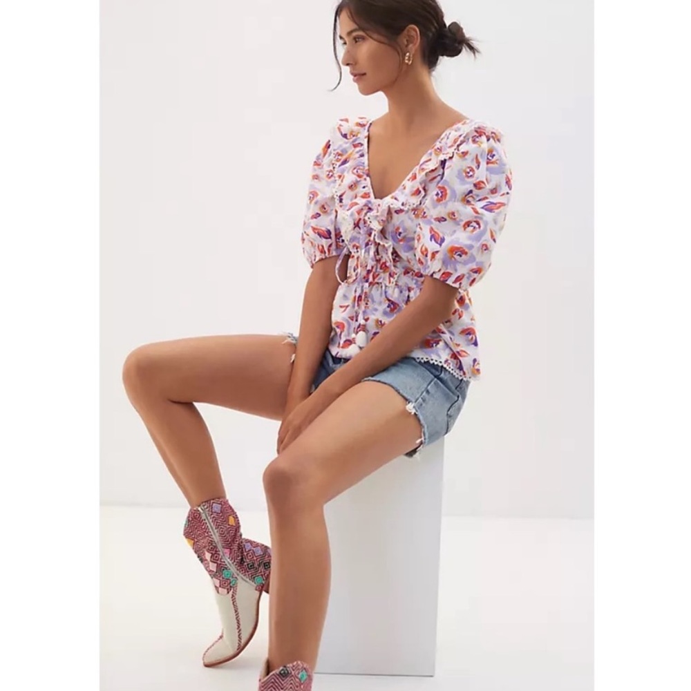Maeve Anthropologie Puff Sleeve Colorful Printed Top Size Large